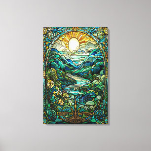 Art Nouveau Stained Glass Sunrise Landscape Art Canvas Print