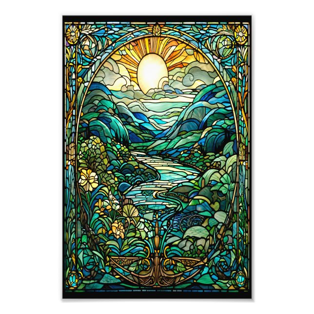 Art Nouveau Stained Glass Sunrise Landscape Art Photo Print (Front)