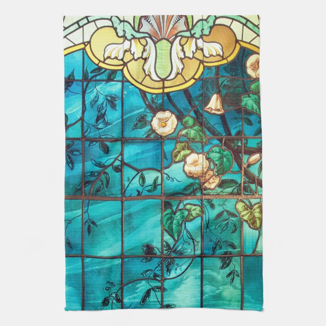 Art nouveau stained glass window floral Victorian Tea Towel (Vertical)