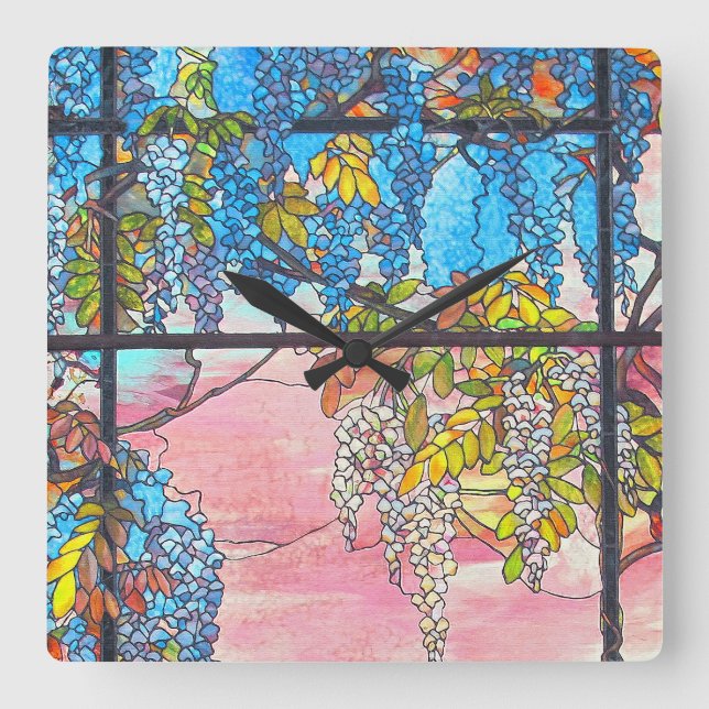 Art Nouveau Stained Glass Wisteria Flowers Clock (Front)