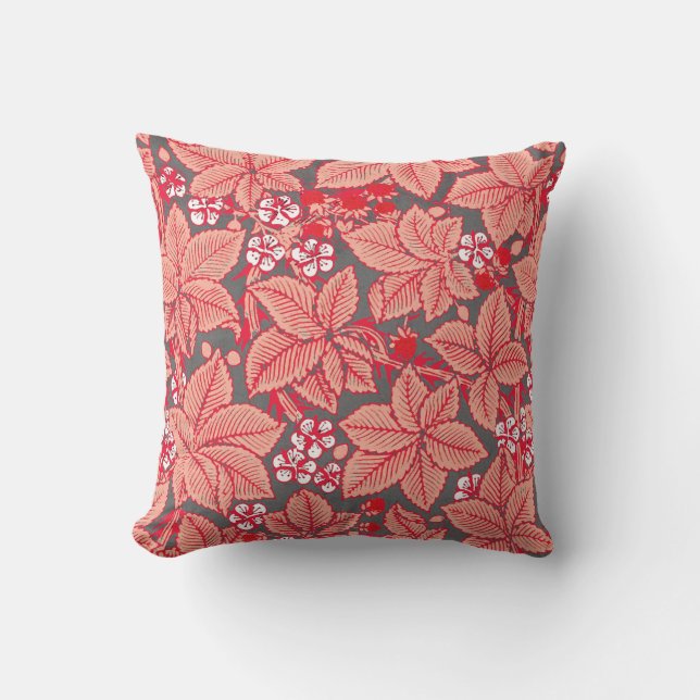 Art Nouveau Strawberries and Leaves, Coral Orange Cushion (Front)