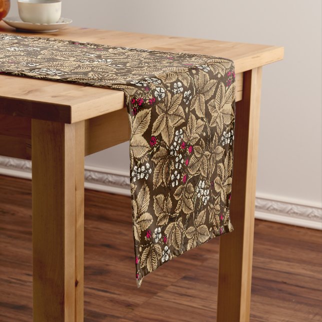 Art Nouveau Strawberries and Leaves, Dark Brown Short Table Runner (In Situ)