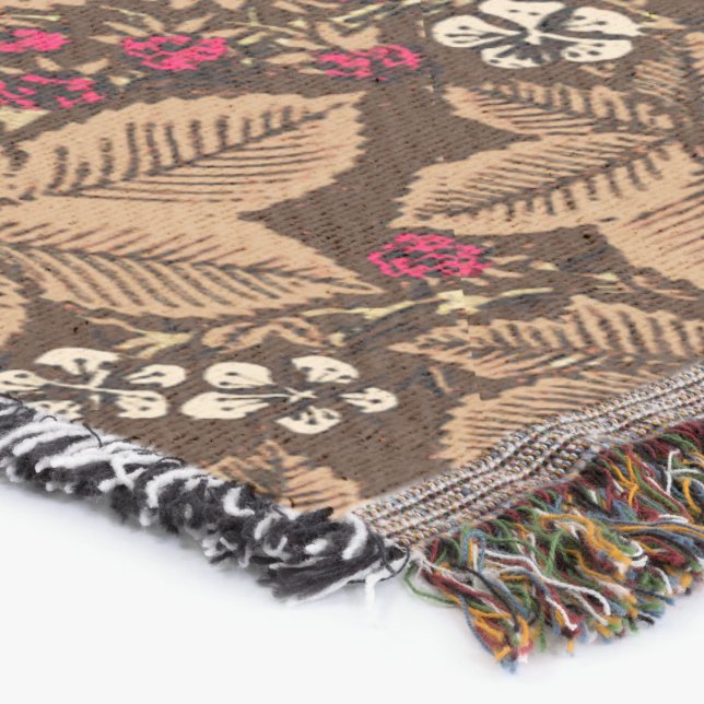 Art Nouveau Strawberries and Leaves, Dark Brown Throw Blanket (Corner)