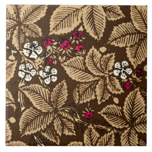 Art Nouveau Strawberries and Leaves, Dark Brown Tile
