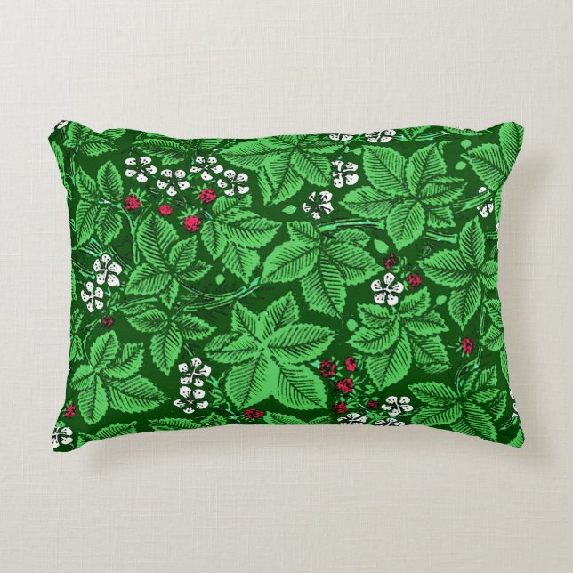 Art Nouveau Strawberries and Leaves, Emerald Green Decorative Cushion (Front)