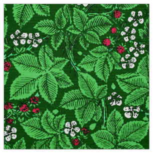 Art Nouveau Strawberries and Leaves, Emerald Green Fabric
