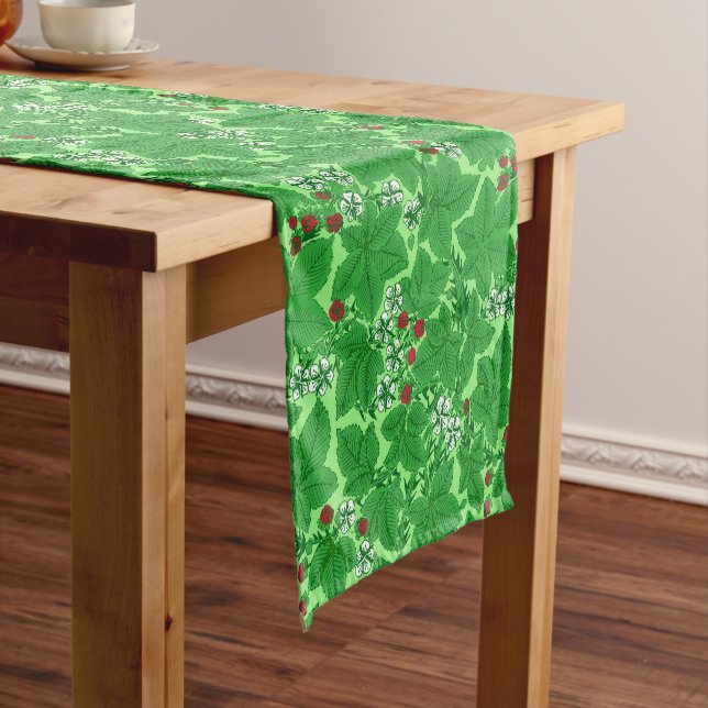 Art Nouveau Strawberries and Leaves, Lime Green Short Table Runner (In Situ)