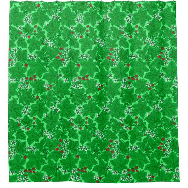 Art Nouveau Strawberries and Leaves, Lime Green Shower Curtain (Front)