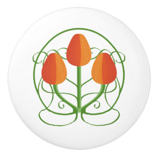 Art Nouveau Style Ceramic Knobs with Orange Tulips
