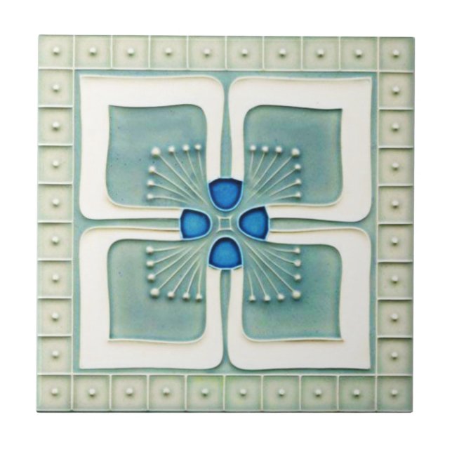 Art Nouveau Style Ceramic Tile. Gray/Blue Tile (Front)