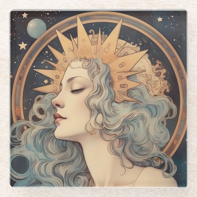 Art Nouveau Style Moon Stars Princess Glass Coaster (Front)