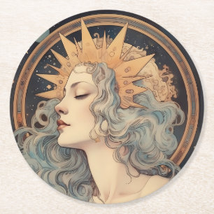 Art Nouveau Style Moon Stars Princess Round Paper Coaster
