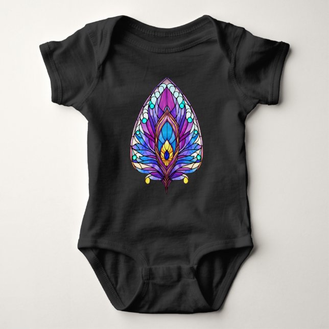 Art Nouveau Style Stained Glass Peacock Feather Baby Bodysuit (Front)