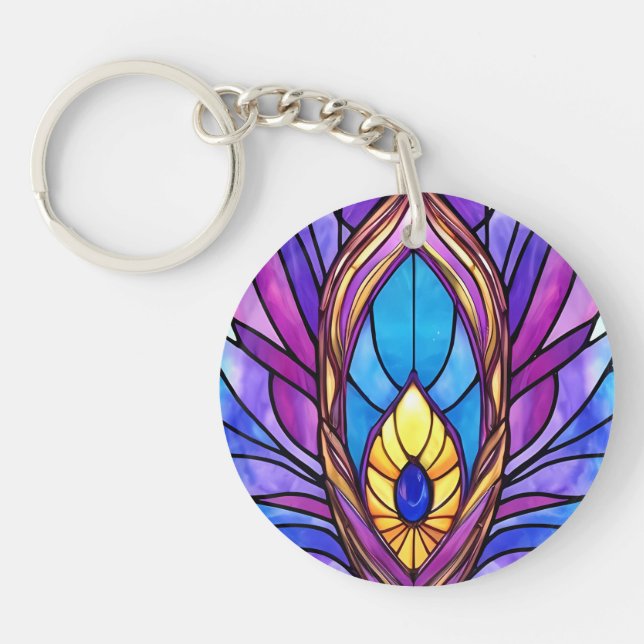 Art Nouveau Style Stained Glass Peacock Feather Key Ring (Front)