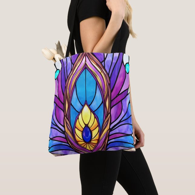Art Nouveau Style Stained Glass Peacock Feather Tote Bag (Close Up)