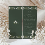 Art Nouveau Style Wedding Menu Card<br><div class="desc">Indulge your guests in the essence of elegance with this sophisticated wedding menu card, which features an Art Nouveau-inspired floral border. The card is graced with a deep forest green backdrop, with a decorative band of stylised cream and alabaster white flowers that perfectly frame the culinary offerings. The graceful, curvilinear...</div>