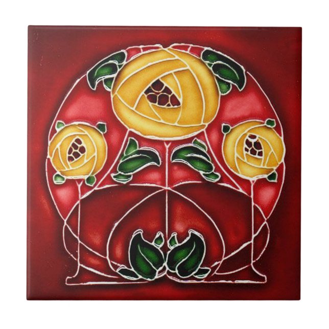 Art Nouveau Style Yellow and Red Ceramic Tile (Front)