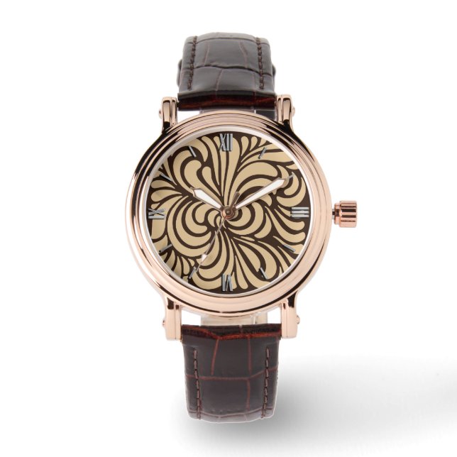 Art Nouveau Stylised Leaves, Tan and Dark Brown Watch (Front)