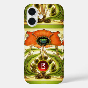 ART NOUVEAU  STYLIZED GREEN RED POPPY GEM MONOGRAM iPhone 16 CASE