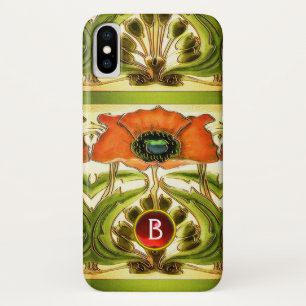 ART NOUVEAU STYLIZED GREEN RED POPPY GEM MONOGRAM iPhone X CASE