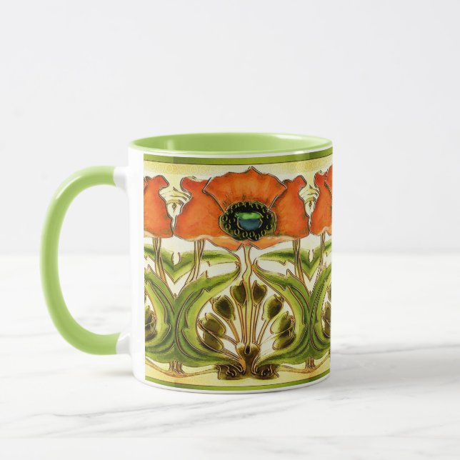 ART NOUVEAU STYLIZED GREEN RED POPPY MUG (Left)