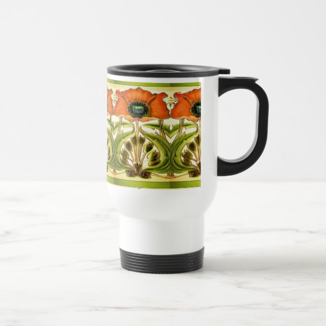 ART NOUVEAU STYLIZED GREEN RED POPPY TRAVEL MUG (Right)
