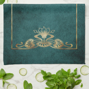 Art nouveau suede look elegant gold green lotus tea towel