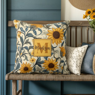 Art Nouveau Sunflower Monogrammed Cushion
