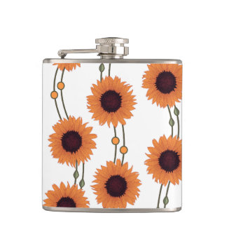 Art Nouveau Sunflower Retro Floral Stripes Orange Hip Flask