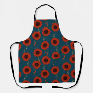 Art Nouveau Sunflower Retro Floral Stripes Red Apron