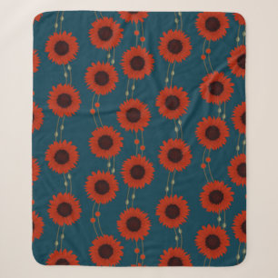 Art Nouveau Sunflower Retro Floral Stripes Red Sherpa Blanket