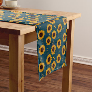 Art Nouveau Sunflower Retro Floral Stripes Yellow Short Table Runner