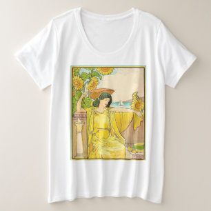 Art Nouveau Sunflower Woman Vintage Illustration Plus Size T-Shirt