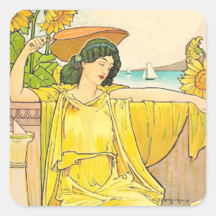 Art Nouveau Sunflower Woman Vintage Illustration  Square Sticker
