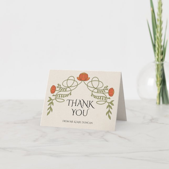 Art Nouveau Sunset Orange Flower Wedding Photo Thank You Card (Front)