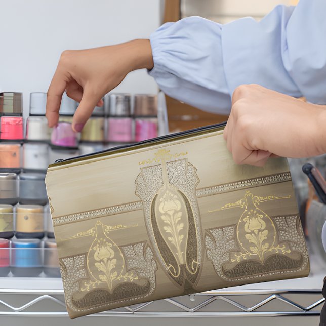 Art Nouveau Tall Vases Flower Inset Wedding Bride Accessory Pouch (Art Nouveau Tulips Alternating Delicate Swirls Accessory Pouch Young Woman Place Makeup In Pouch)