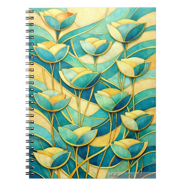 Art Nouveau Teal and Gold Floral Pattern Notebook (Front)