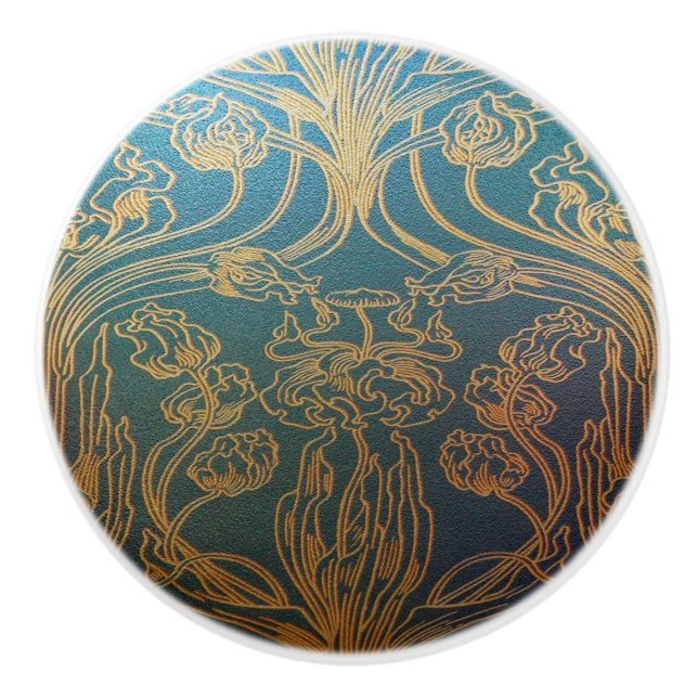 Art Nouveau,teal and gold, teal,gold,floral,chic,e Ceramic Knob (Front)