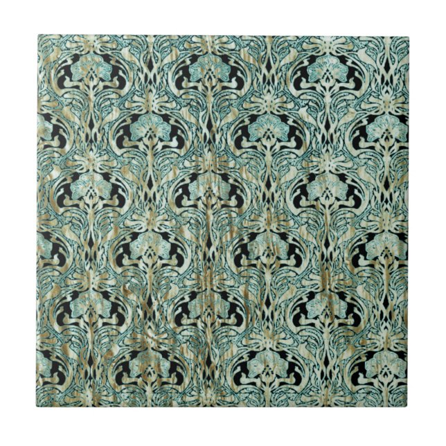 Art nouveau, teal,gold,pattern,belle époque,chic,e tile (Front)