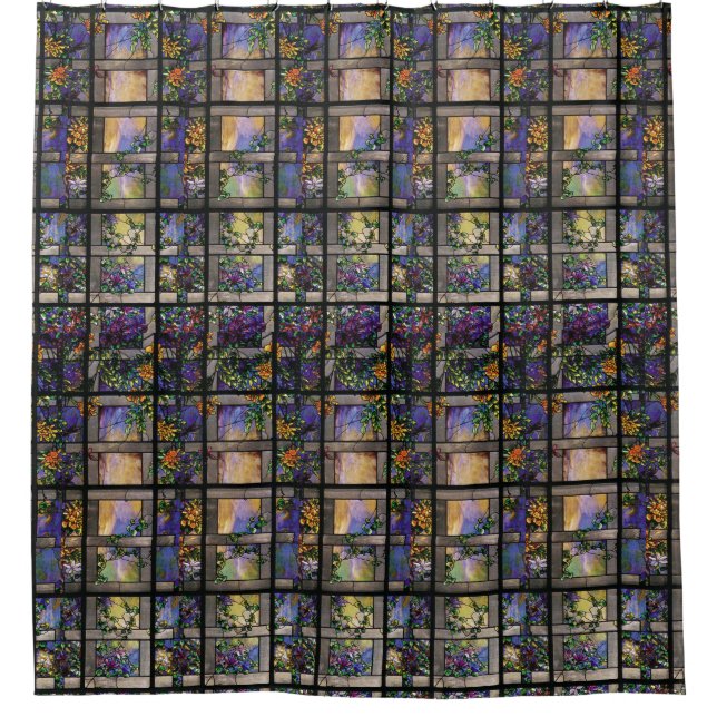Art Nouveau Tiffany Stained Glass Clematis Flowers Shower Curtain (Front)