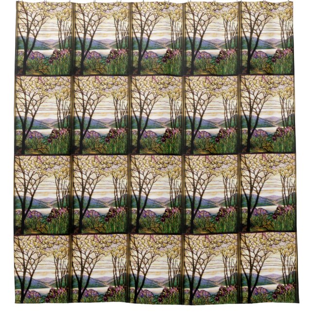 Art Nouveau Tiffany Stained Glass Iris Flowers Shower Curtain (Front)