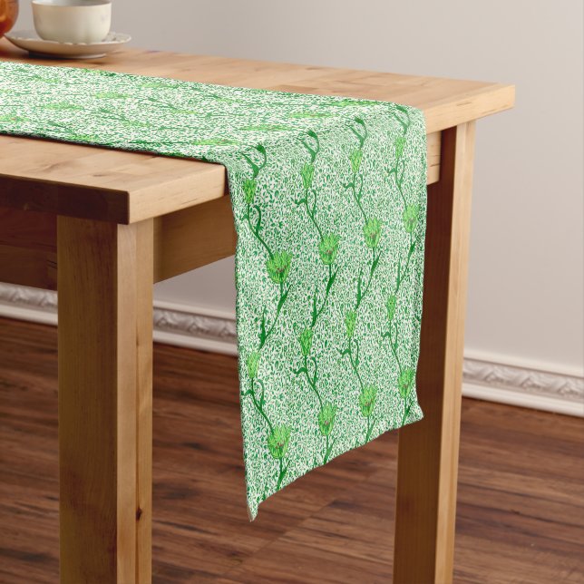 Art Nouveau Tulip Damask, Emerald Green Short Table Runner (In Situ)