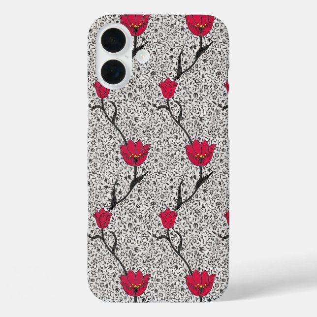 Art Nouveau Tulip Damask, Grey and Red Case-Mate iPhone Case (Back)