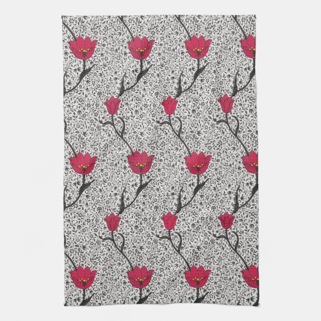 Art Nouveau Tulip Damask, Grey and Red Tea Towel (Vertical)