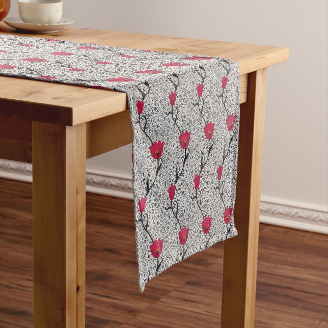 Art Nouveau Tulip Damask, Grey / Grey and Red Short Table Runner (In Situ)