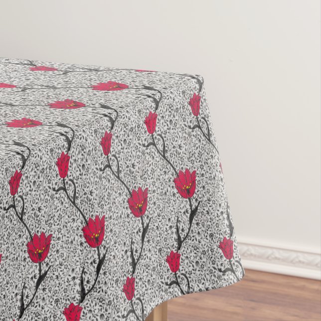 Art Nouveau Tulip Damask, Grey / Grey and Red Tablecloth (In Situ)