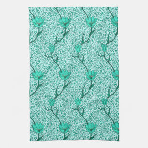 Art Nouveau Tulip Damask, Turquoise Tea Towel