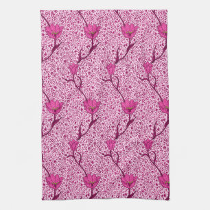 Art Nouveau Tulip Damask, Wine & Fuchsia Pink Tea Towel