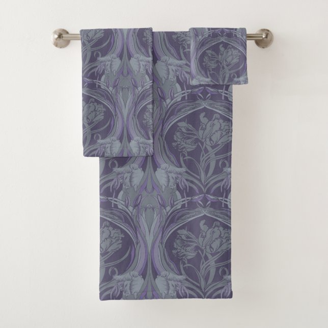 Art Nouveau Tulips in Periwinkle Bath Towels (Insitu)