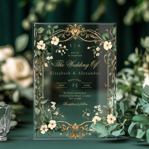 Art Nouveau Vintage Floral Green and gold Wedding Acrylic Invitations